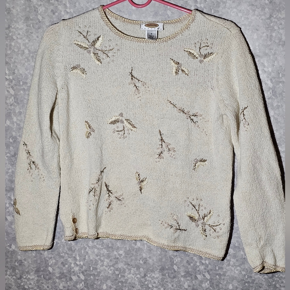 Talbots Embroidered Floral Pearl Tan Accents Button Sweater Shirt Size PS Small